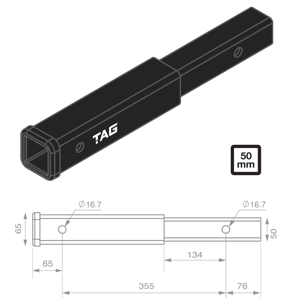 TAG - Hitch Extender - Length 356mm, 50mm Square Hitch