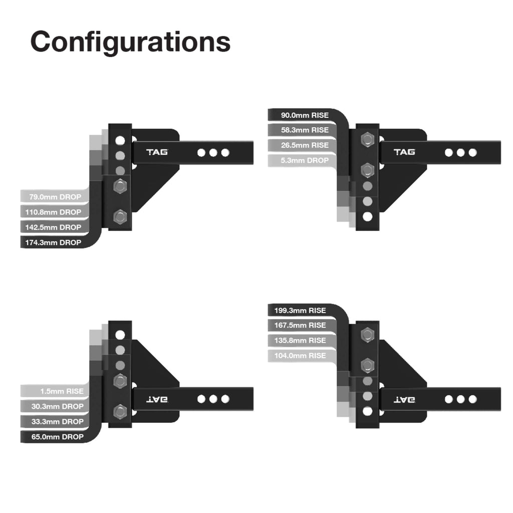 TAG - Adjustable Heavy Duty Tow Ball Mount 90° Face, 50mm Square Hitch - 174mm Drop, 199mm Rise