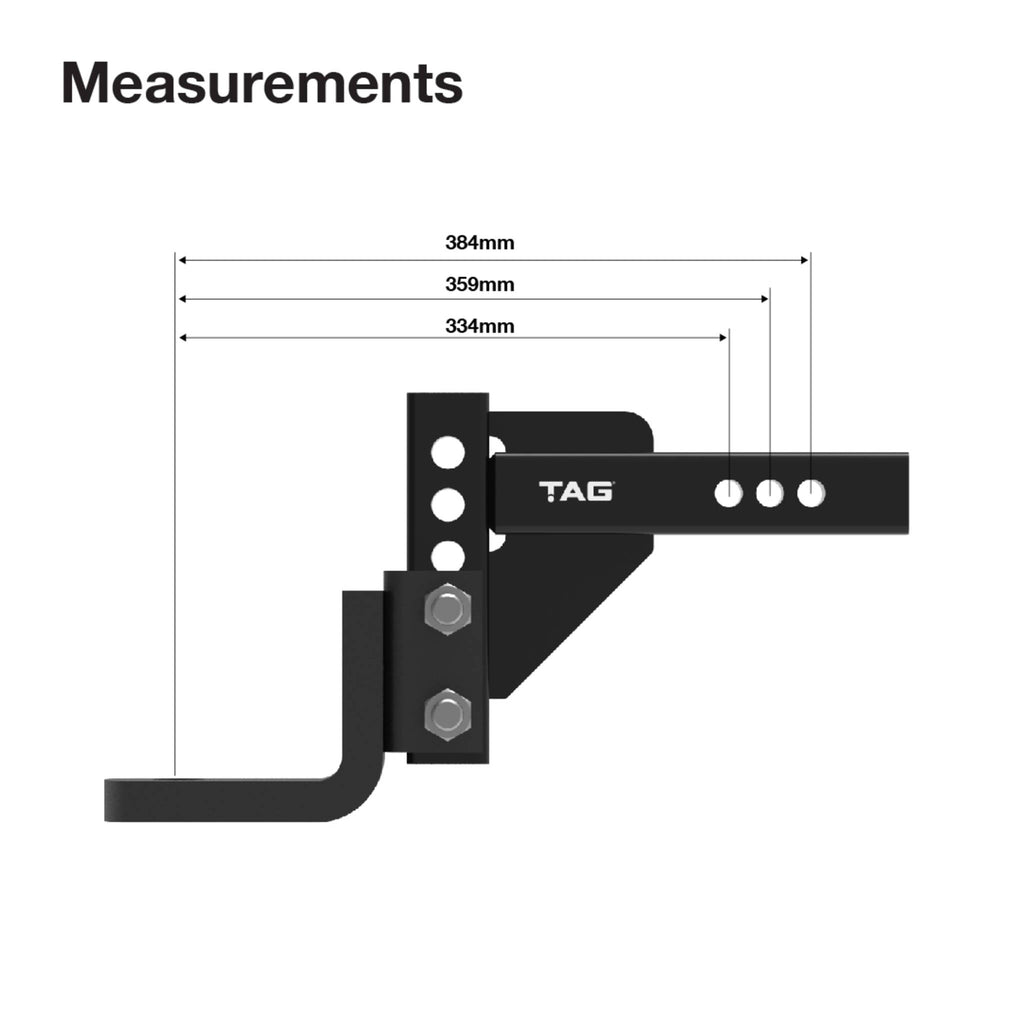 TAG - Adjustable Heavy Duty Tow Ball Mount 90° Face, 50mm Square Hitch - 174mm Drop, 199mm Rise