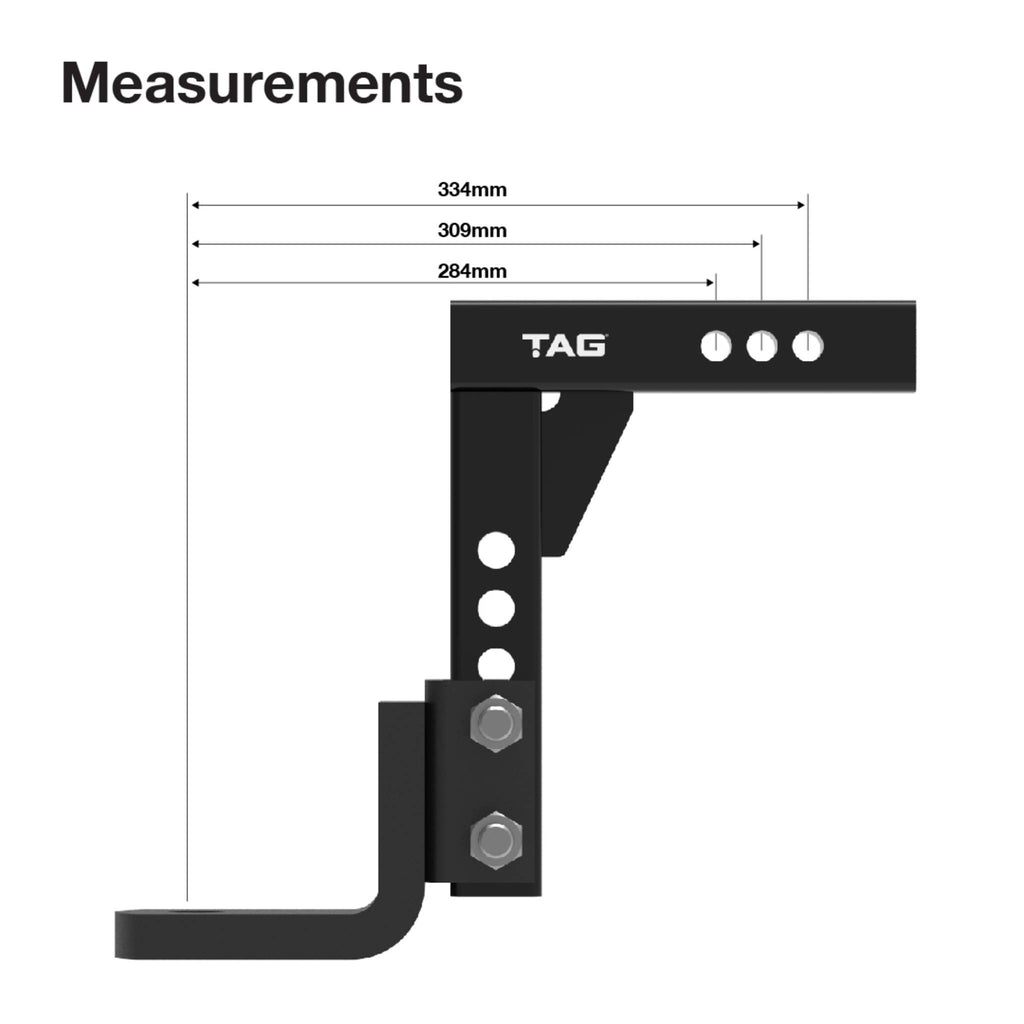 TAG - Adjustable Heavy Duty Tow Ball Mount 90° Face, 50mm Square Hitch - 310mm Drop, 335mm Rise